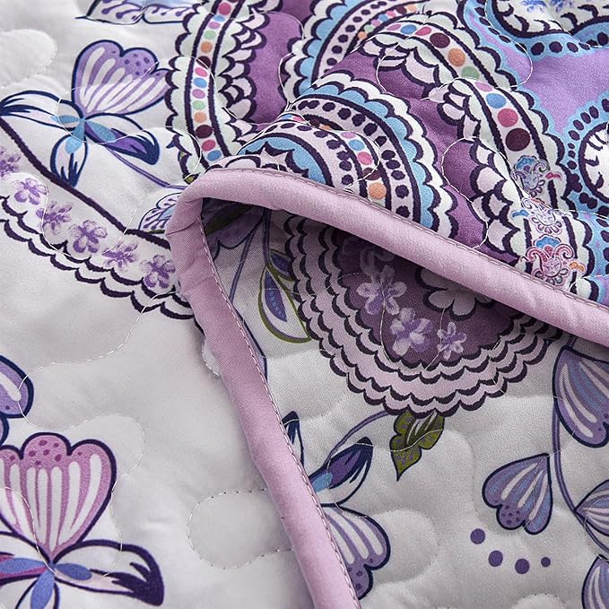DURLENGEN Purple Quilt Set King Size 3Pcs, Purple & Pink Paisley Styling Bedspread, All Season Lightweight Coverlet Sets(King 106x96, Purple Paisley)