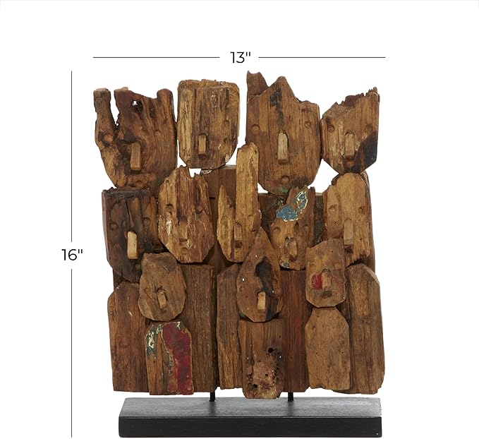 Deco 79 Teak Wood Abstract Handmade Decorative Sculpture Carved Home Decor Statue with Faces, Accent Figurine 13" x 4" x 16", Brown