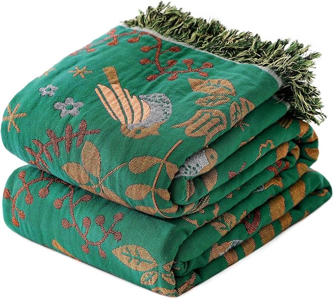 Boho Throw Blanket for Bed 100% Cotton Ultra Soft Rustic Quilt Fall Blanket Bird Floral Printed Farmhouse Decor Bed Blankets,90"×98" All Season Rustic Throw for Sofa Couch Chair