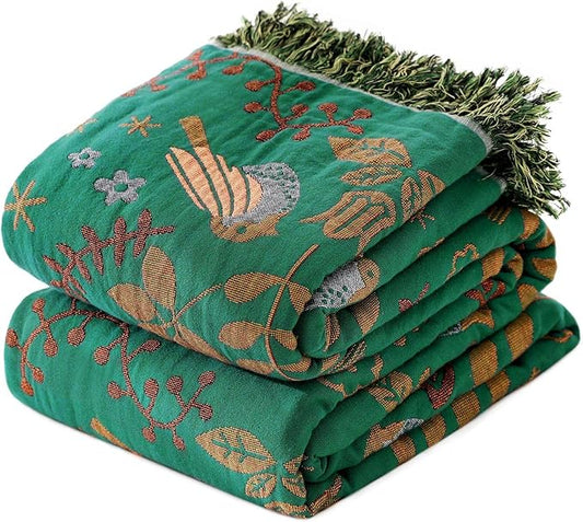 Boho Throw Blanket for Bed 100% Cotton Ultra Soft Rustic Quilt Fall Blanket Bird Floral Printed Farmhouse Decor Bed Blankets,90"×98" All Season Rustic Throw for Sofa Couch Chair