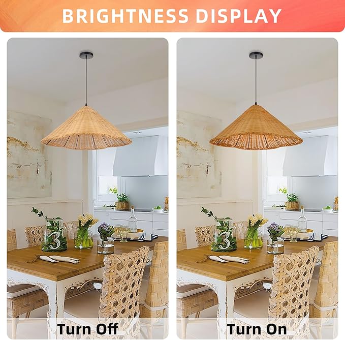 Arturesthome 19.6" Rattan Chandelier Boho Pendant Light,Hand Woven Pendant Lighting for Dining Room,Rustic Hanging Light Ceiling Light for Living Room Bedroom
