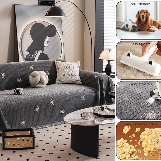 ROOMLIFE Gray Couch Cover Boho Sofa Covers for 3 Cushion Couch Washable, Furniture Protector Sofa Couch Cover for Dogs, Soft Chenille Sofa Slipcover, Couch Throw Blankets with Tassels 71 '' X 118''