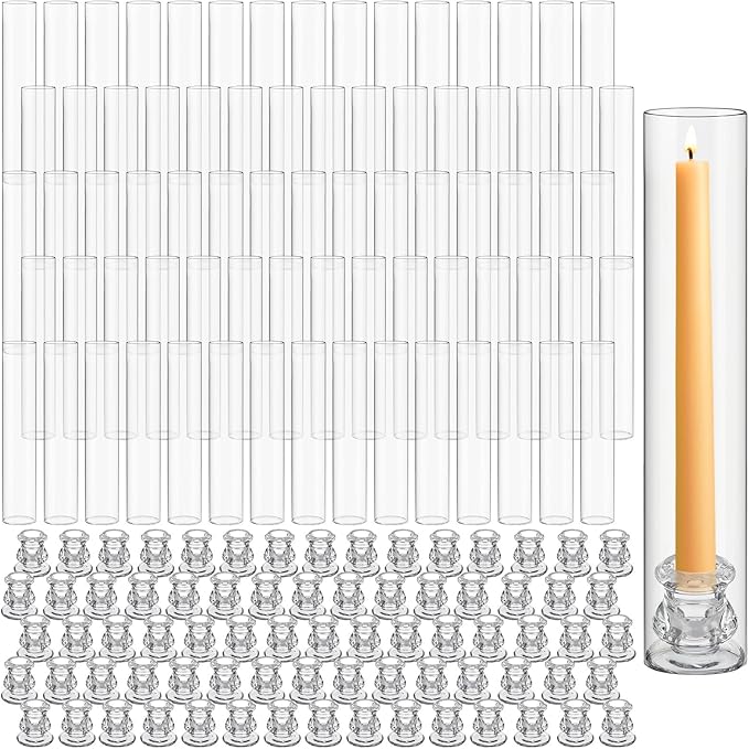 96 Set Christmas Glass Hurricane Candle Holders 12.6" Open Ended Glass Candleholder Tube Shape Bottomless and 2.2" Taper Clear Candlestick Holders for Wedding Party Table Centerpiece (Clear)