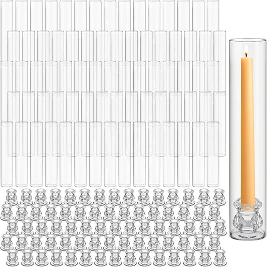 96 Set Christmas Glass Hurricane Candle Holders 12.6" Open Ended Glass Candleholder Tube Shape Bottomless and 2.2" Taper Clear Candlestick Holders for Wedding Party Table Centerpiece (Clear)