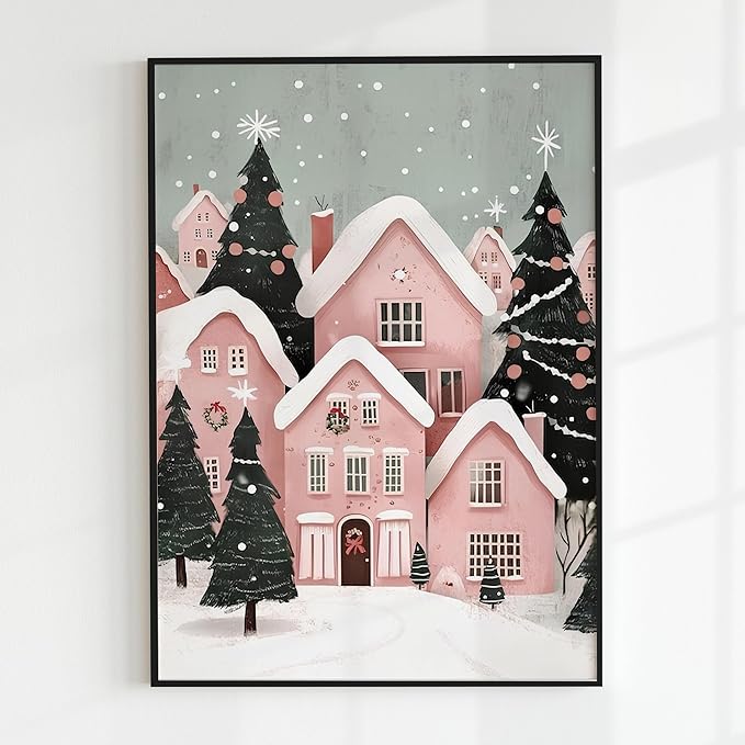 OZCONO Pink Christmas Town Wall Art, Winter Village Print, Whimsical Christmas Decor, Christmas Farmhouse Design Idea, Xmas Seasonal Art (Unframed) (24x36)