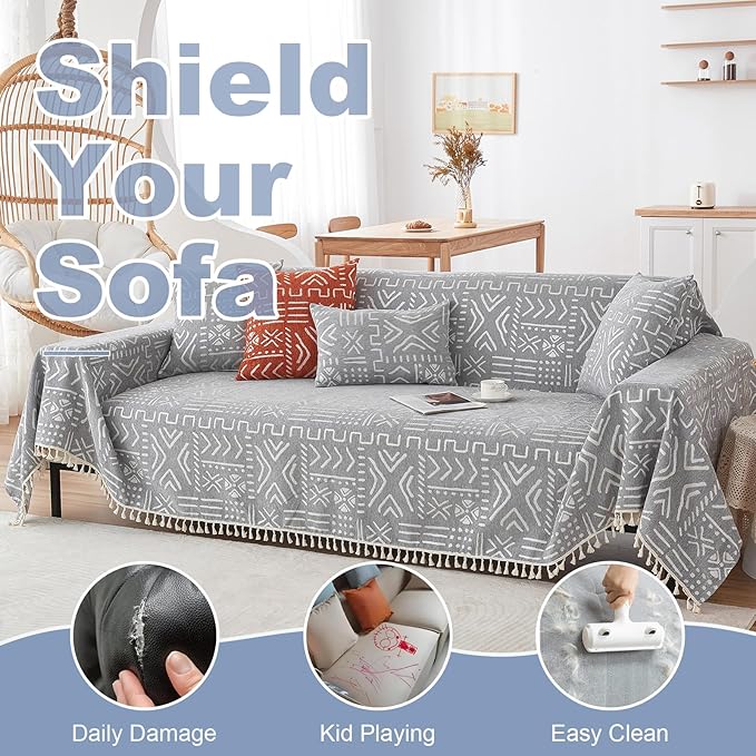 VClife Couch Cover Japanese Style Sofa Cover with Tassel, Soft Chenille Boho Couch Covers Sofa Covers Washable White Gray Furniture Cover for Living Room 71''x150''