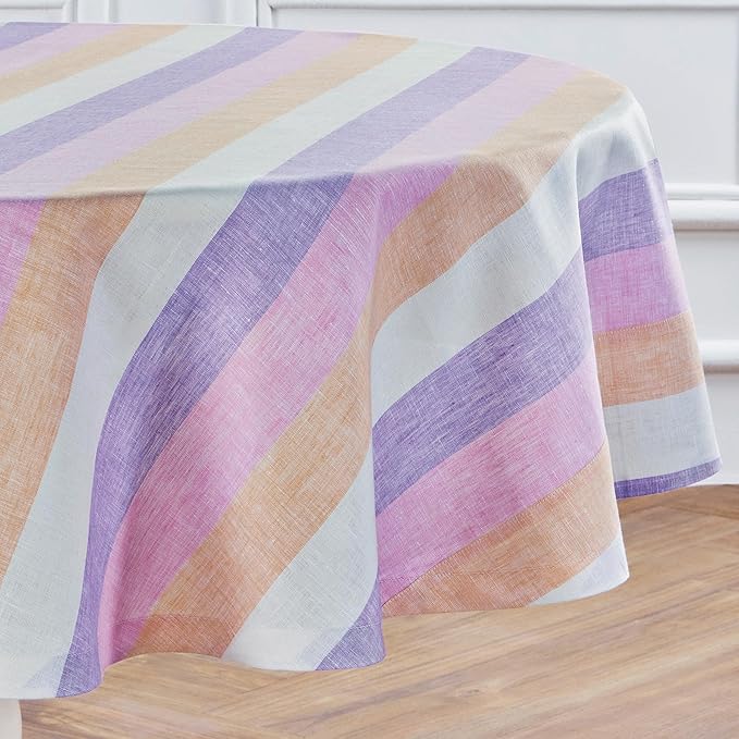 Solino Home Linen 60 Inch Round Tablecloth - 100% Pure Linen Multicolor Gelato Stripe Round Tablecloth - Machine Washable Table Cloth