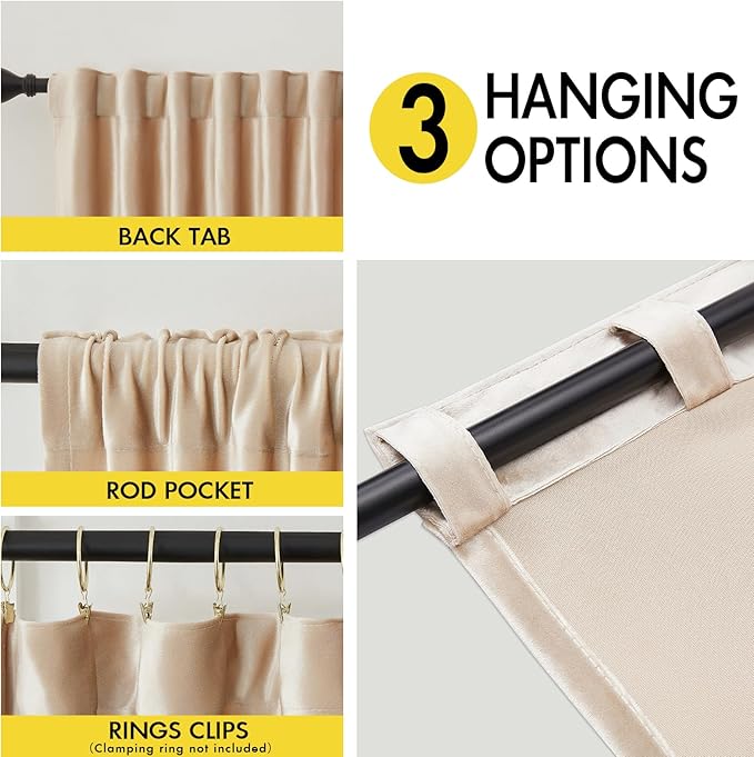 Velvet Curtains for Living Room Champagne Ivory 72 inches Long,2 Panels Blackout Curtains Modern Color Block Back Tab Rod Pocket Soundproof Drapes for Bedroom Window Decor