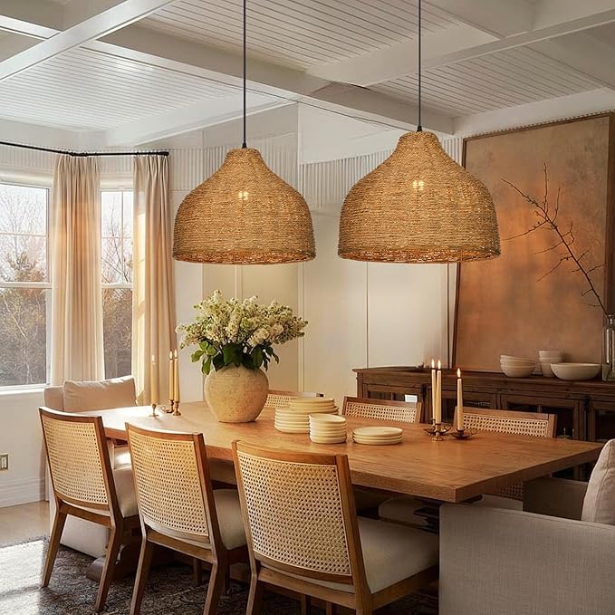 Arturesthome 1 Light Rattan Pendant Light,15.7" Wicker Chandelier Woven Rustic Pendant Lighing Rattan Chandelier for Dining Room Kitchen Island Entryway