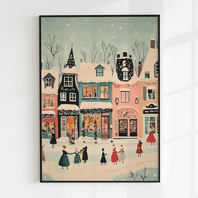 OZCONO Christmas Village Wall Art for Cozy Holiday Decor, Snowy Town Scene for Seasonal Home, Winter Village Artwork, Hello December Print, Xmas Design (Unframed) (20x30)