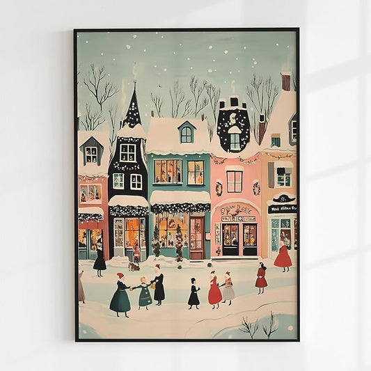 OZCONO Christmas Village Wall Art for Cozy Holiday Decor, Snowy Town Scene for Seasonal Home, Winter Village Artwork, Hello December Print, Xmas Design (Unframed) (20x30)