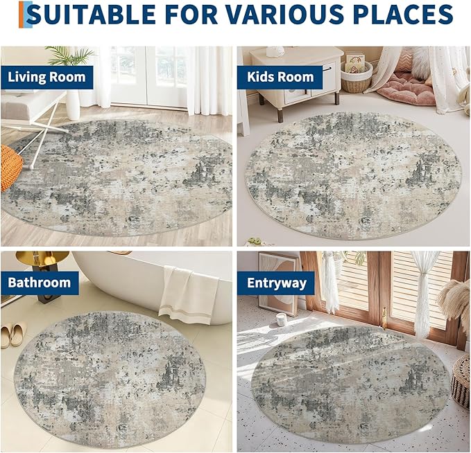 Modern Abstract 4x4 Round Area Rug Non Slip Non Shedding Rug Low Pile Stain Resistant for Bedroom Living Room Office Dining Room,Grey Yellow