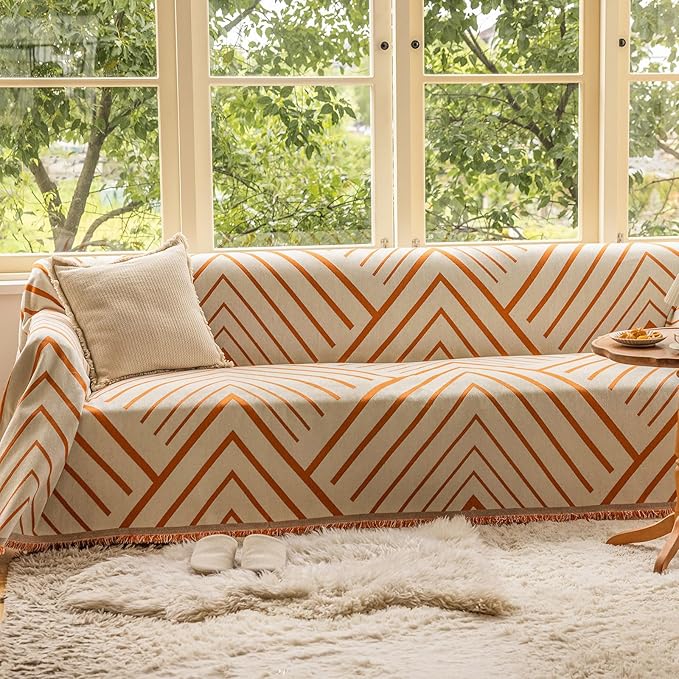VClife Boho Farmhouse Couch Cover 71''x150'', 1 pc Washable Sofa Covers for 3 Cushion Couch Sofa Kids Soft Chenille Beige Pumpkin Herringbone Home Decor Couch Covers for Bed Sofa Living Room Slipcover