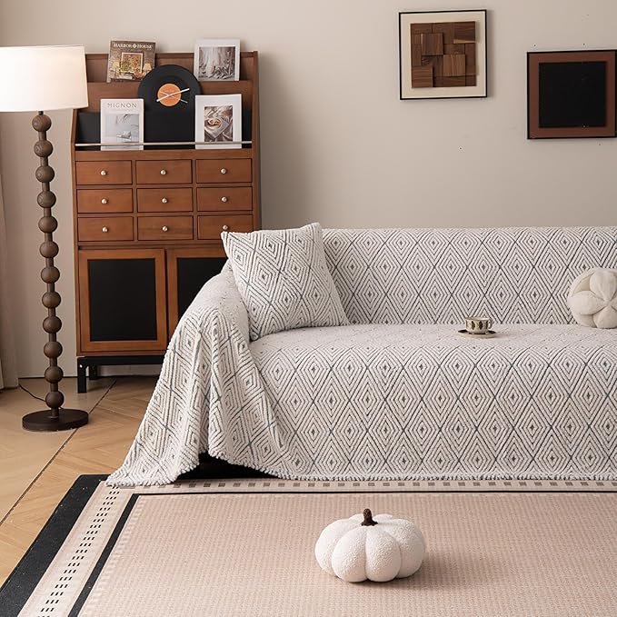 ROOMLIFE Striped Boho Blue Couch Cover for 2-3 Cushion Sofa, Fuzzy Plush Warm Sofa Slipcovers Sectional Sofas Covers, Non Slip Washable Furniture Protector Soft with Tassel,Winter 71''X150”