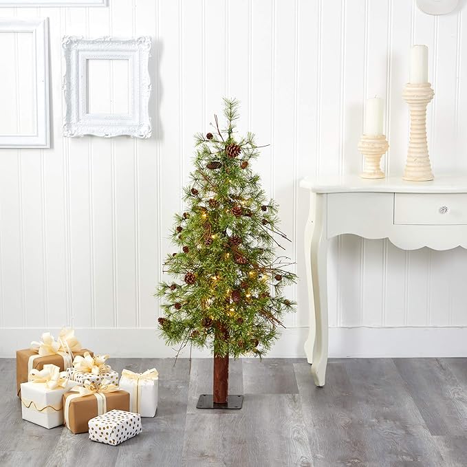 Nearly Natural 4ft. Wyoming Alpine Artificial Christmas Tree with 50 Clear (Multifunction) LED Lights and Pine Cones on Natural Trunk