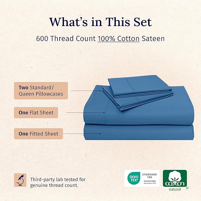 California Design Den Natural 100% Cotton Bed Sheets Full Size Set - Luxury 600 Thread Count Sateen, Hotel Quality Cooling Sheets, Fully Elasticized Deep Pockets, Crisp and Durable - Parisian Blue