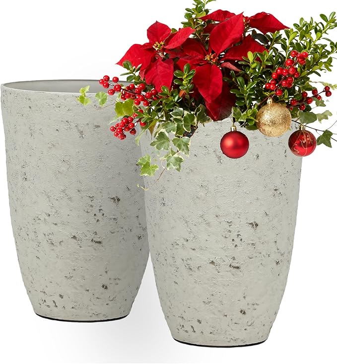 19.5" Plant Pots Tall Resin Planters for Plants Set of 2 Outdoor Country Large Flower Pot Front Porch Decor Handmade Birch Bark Texture Heavy-Duty Weather-Resistant Home Garden Indoor White