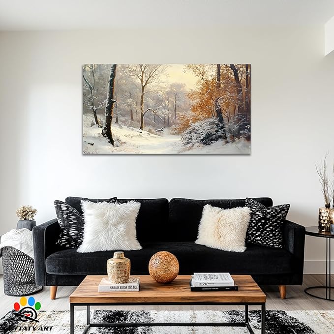 GUTTATY Christmas Winter Scene Canvas Wall Art, Snowy Forest Wall Painting, Warm Light Tree Poster, Winter Canvas Prints for Living Room, Holiday Wall Decor, Hanging Pictures for Bedroom, 32x16 Inch