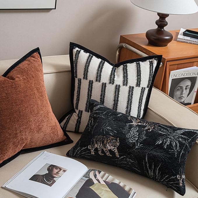 New 12x20'' inches Throw Pillow Cushion Covers - Black Color with Chenille Jacquard Embroidery Golden Tiger Luxury Modern Style Couch Sofa Bed Pillow Cover for Living Room Bedroom