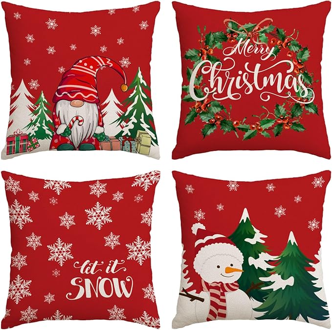 Neatee Living Christmas Pillow Covers 20x20 Set of 4 Red Xmas Vintage Throw Pillows Christmas Tree Gnome Snowman Pillow Cases Outdoor Sofa Couch Cushion Covers for Home Decorations (20 by 20)