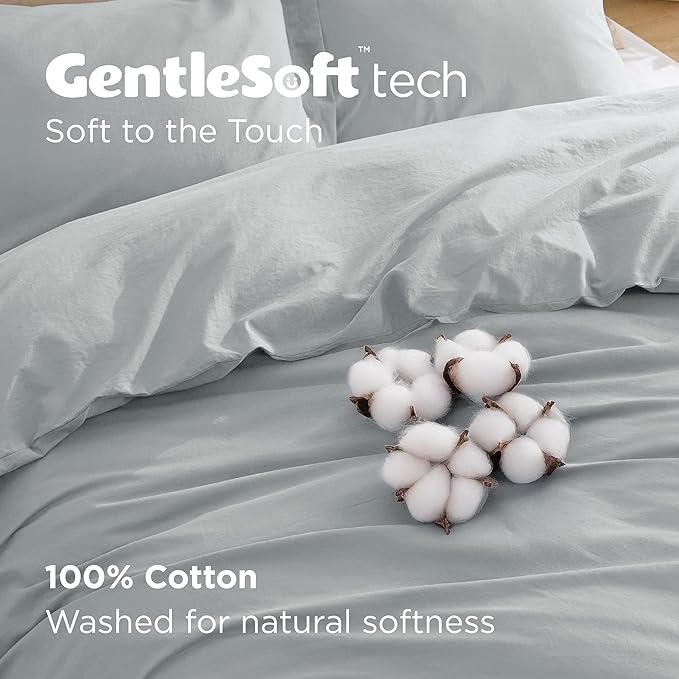 Bedsure 100% Washed Cotton Duvet Cover King Size - Pastel Blue Minimalist Cotton Duvet Cover Linen Like for All Seasons - GentleSoft™ Plain Simple Bedding (Pastel Blue, King, 104"x90")