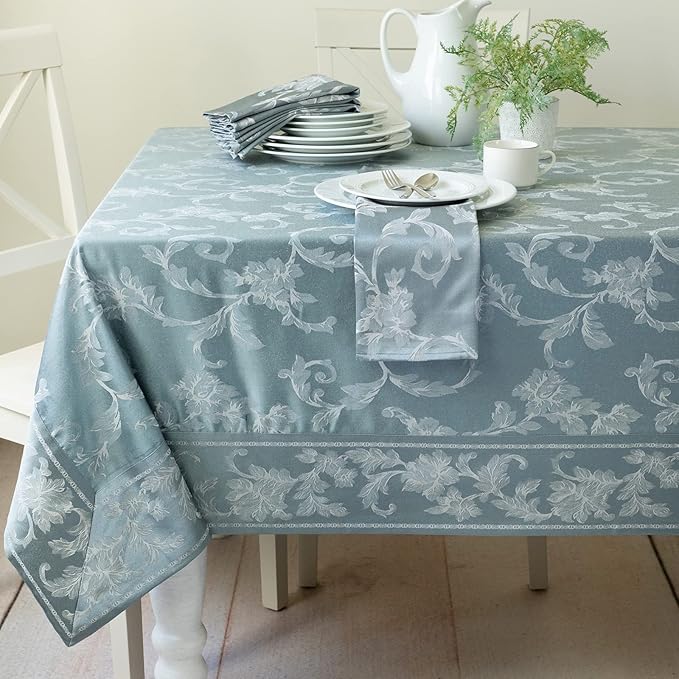 Benson Mills Harmony Scroll Woven Damask Fabric Tablecloth, Everyday, Parties, Special Occasions, Weddings and Holiday Table Cloth (60" X 144" Rectangular, Silver – Blue)