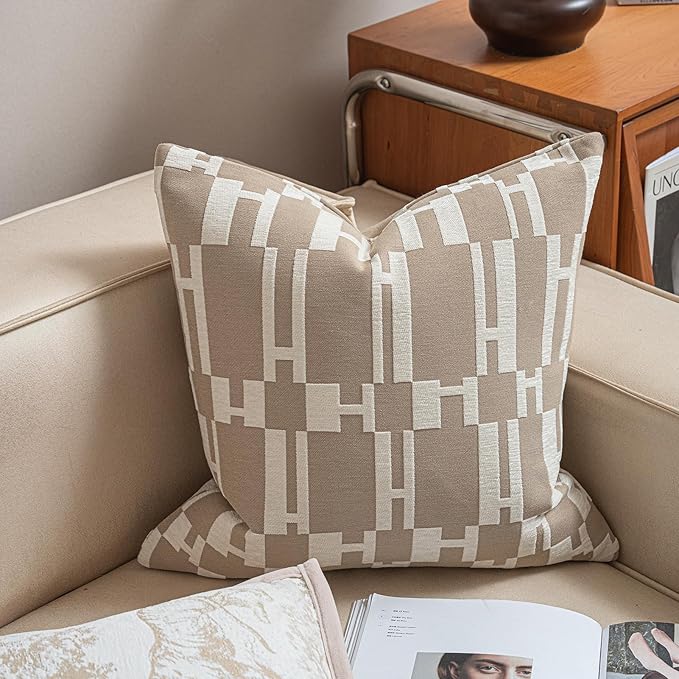 2025 New 20x20'' inches Throw Pillow Cushion Covers - Beige H Letter Chenille Jacquard Embroidery Luxury Modern Style Couch Sofa Bed Pillow Cover for Living Room Bedroom