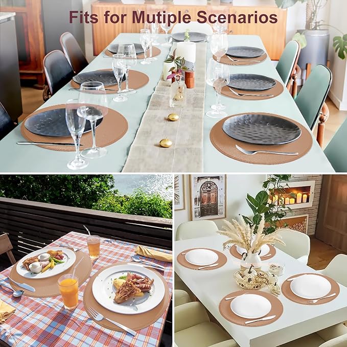 Round Vinyl Pink Placemats Set of 6, Faux Leather Waterproof Wipeable Heat Resistant Place Mats, Washable Table Mats for Halloween, Thanksgiving & Christmas Dinner(Pink)