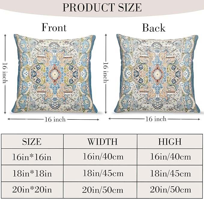 Boho Floral Throw Pillow Covers 16x16 inch Set of 2,Blue Boho Rug Geometric Floral Pattern Decor Double Sided Pattern Cushion Cover Soft Pillow Case Living Sofa Room Bed Square Pillow Cover