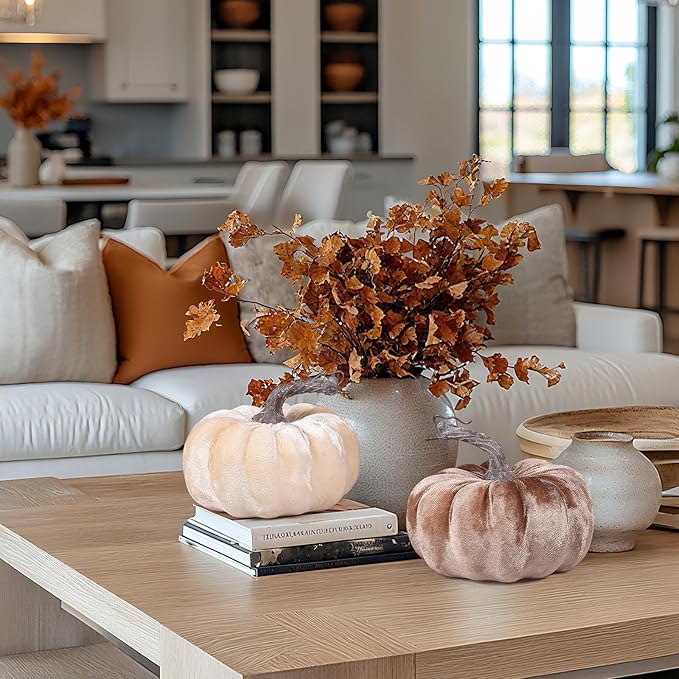 2pcs Velvet Fake Pumpkins Fall Harvest Fabric Foam Pumpkin Thanksgiving Halloween Decor for Table Centerpiece Wedding Farmhouse (2, Beige Coffee, M)