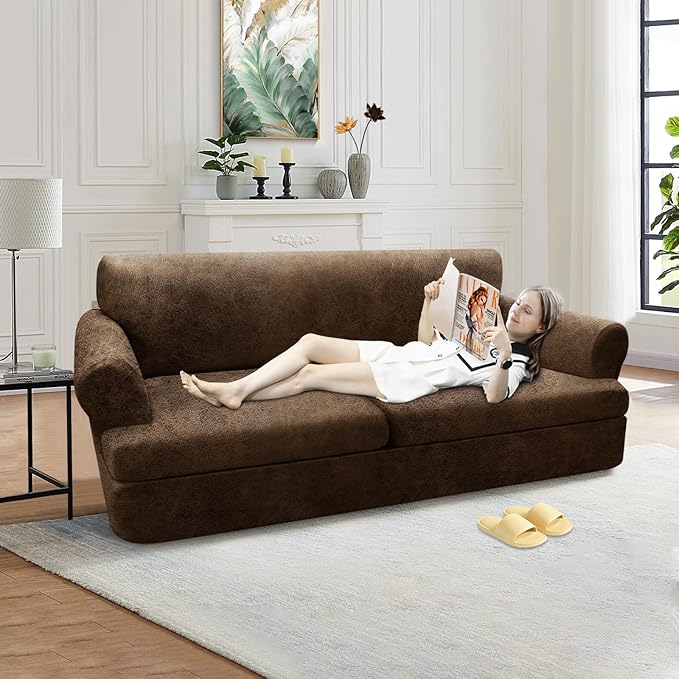 3-Pieces T Cushion Sofa Slipcovers Leather Look Couch Cover for 2 Cushion Couch Furniture Protector Stretch Sofa Cover with 2 Individual T Cushion Seat Covers Washable, Brown