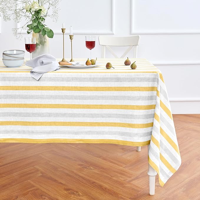 Solino Home Linen Square Tablecloth 52 x 52 Inch - Sorrento Stripe, 100% Pure Linen Yellow and Grey Table Throw - Machine Washable Tablecloth