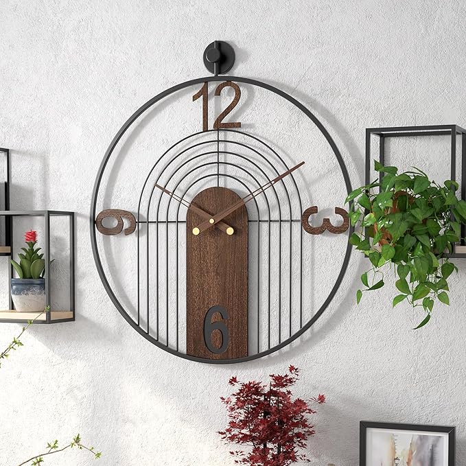 Modern Large Walnut Dial Wall Clock, Wood Metal Frame Silent Non Ticking Wall Clocks Decoration for Living Room, Bedroom, Kitchen, Study, Handmade Home Decor Present Idea, 29.5 Inch