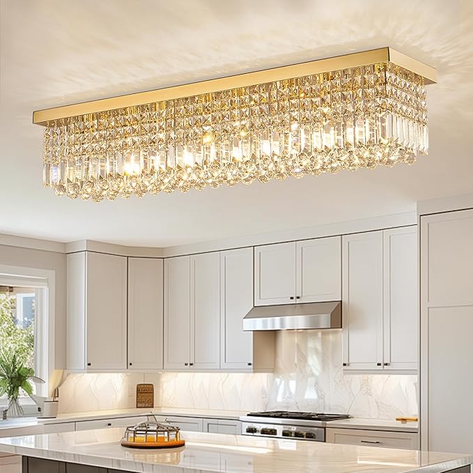 Siljoy Modern Crystal Chandelier 8 Lights Rectangular Gold K9 Crystal Raindrop Chandelier Flush Mount Pendant Ceiling Light Fixture for Dining Room Living Room Kitchen Island Bar 40 Inch