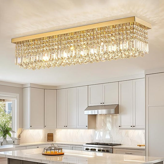 Siljoy Modern Crystal Chandelier 8 Lights Rectangular Gold K9 Crystal Raindrop Chandelier Flush Mount Pendant Ceiling Light Fixture for Dining Room Living Room Kitchen Island Bar 40 Inch