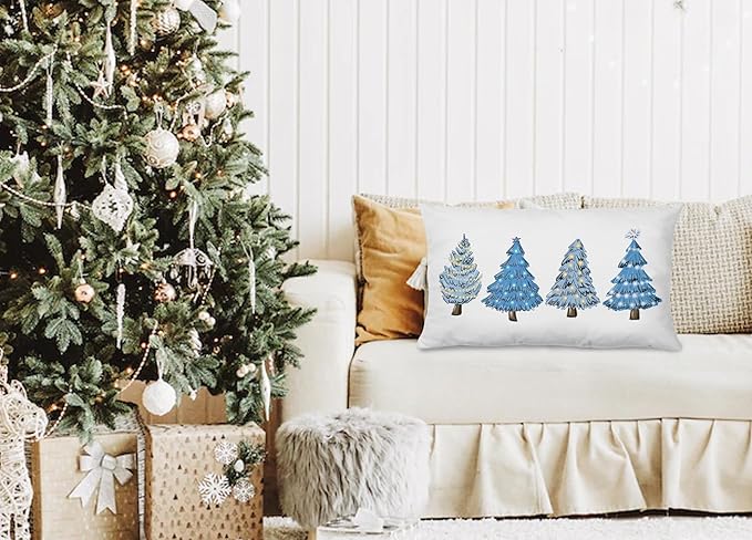 KEUSPI Blue Christmas Decorations,Coastal Christmas Decor Blue Christmas Tree Pillow Covers 12x20,Christmas Decor,Christmas Trees Xmas Pillow Cases Cushion Covers,Blue Christmas Tree Pillow Covers