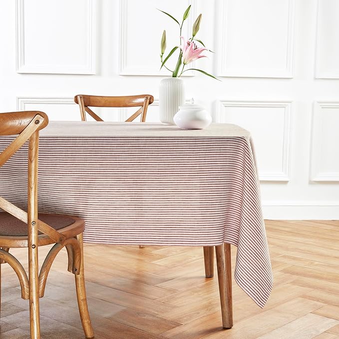 Solino Home Linen Square Tablecloth 52 x 52 Inch - Narrow Stripe, 100% Pure Linen Cinnamon and White Table Throw - Machine Washable Tablecloth for Fall, Autumn, Thanksgiving