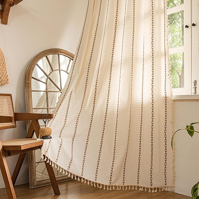Sutuo Home Boho Farmhouse Curtains 72 Inches Long for Living Room Bedroom Bohemian House Drapes Country Style, Textured Stripe Embroidery Privacy, White and Coffee 1 Panel W52 x L72