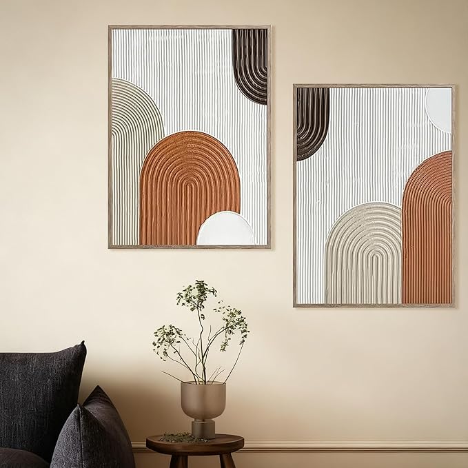 Set of 2 Textured Abstract Line Art Prints – Modern Minimalist Geometric Wall Art in Beige, Brown & Cream Tones, Framed Contemporary Canvas Décor for Living Room, Bedroom, or Office
