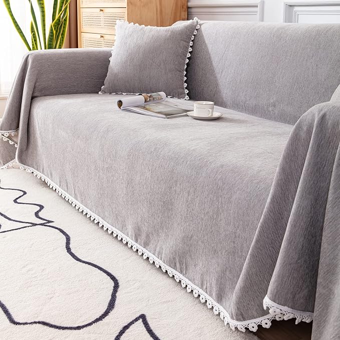 VClife Gray Couch Cover Washable Plush Chenille Sofa Loveseat Cover 71"X150" for 3 Cushion Couch Bed - Modern Decorative Furniture Protector