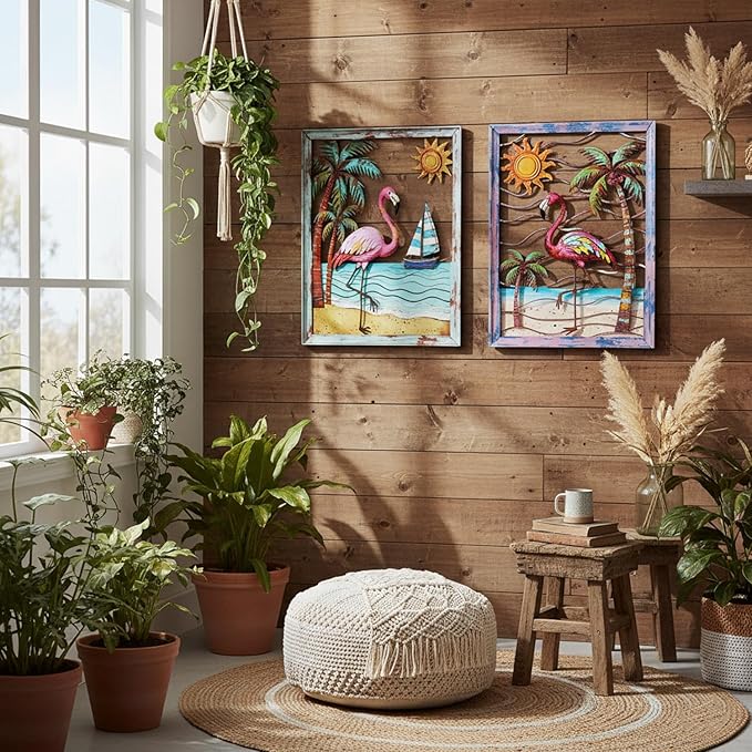 Newinhome Metal Wall Art Flamingo Tropical Boho Wall Decor 2 Pack Flamingo Hanging Artwork Theme for Living Room Bathroom Patio Yard Housewarming Gift