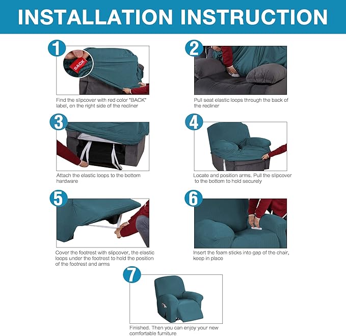 Flamingo P Stretch Recliner Chair Cover Recliner Cover for Electric/Manual Style Furniture Cover for Reclining with Side Pocket, Soft Checked Jacquard Fabric Form Fitted Standard/Oversized - Deep Teal