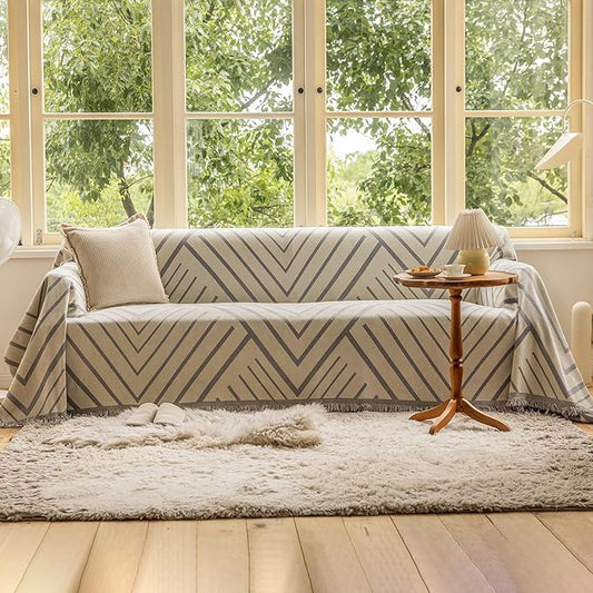 VClife Boho Farmhouse Couch Cover 71''x134'', 1 pc Washable Sofa Covers for 3 Cushion Couch Sofa Kids Soft Chenille Beige Gray Herringbone Home Decor Couch Covers for Bed Sofa Living Room Slipcover