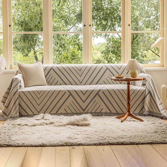 VClife Boho Farmhouse Couch Cover 71''x118'', 1 pc Washable Sofa Covers for 2 Cushion Couch Sofa Kids Soft Chenille Beige Gray Herringbone Home Decor Couch Covers for Bed Sofa Living Room Slipcover
