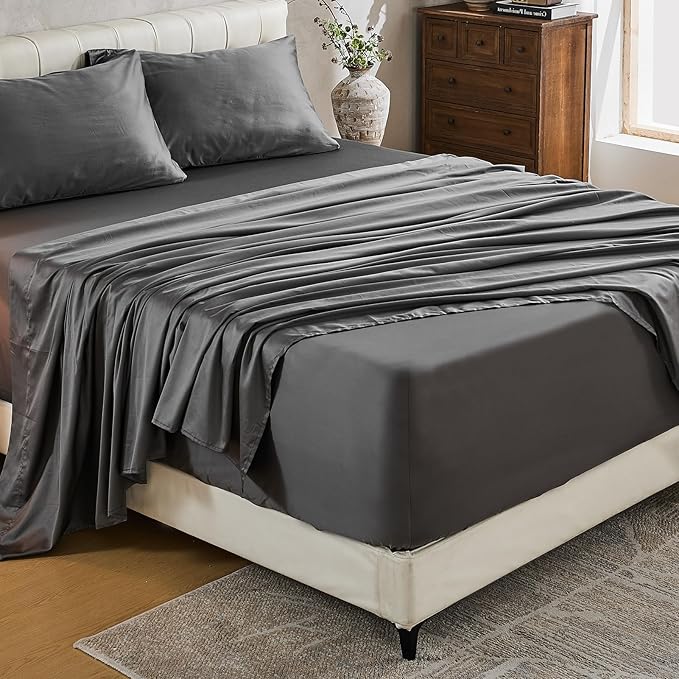 MEISHANG Extra Deep Pocket Cotton Sheets King Size - 100% Egyptian Cotton 1000 Thread Count - Fits 18"-24" in Deep Mattress,Oeko-Tex Certified, Soft & Breathable - 4 Piece (King, Dark Grey)