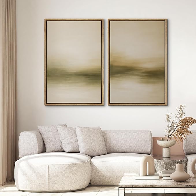 SIGNWIN Framed Canvas Print Wall Art Set Golden Horizon Mist Neutral Beige and Olive Gradient Abstract Landscape Zen Bohemian for Living Room, Bedroom, Office - 24"x36"x2 NATURAL
