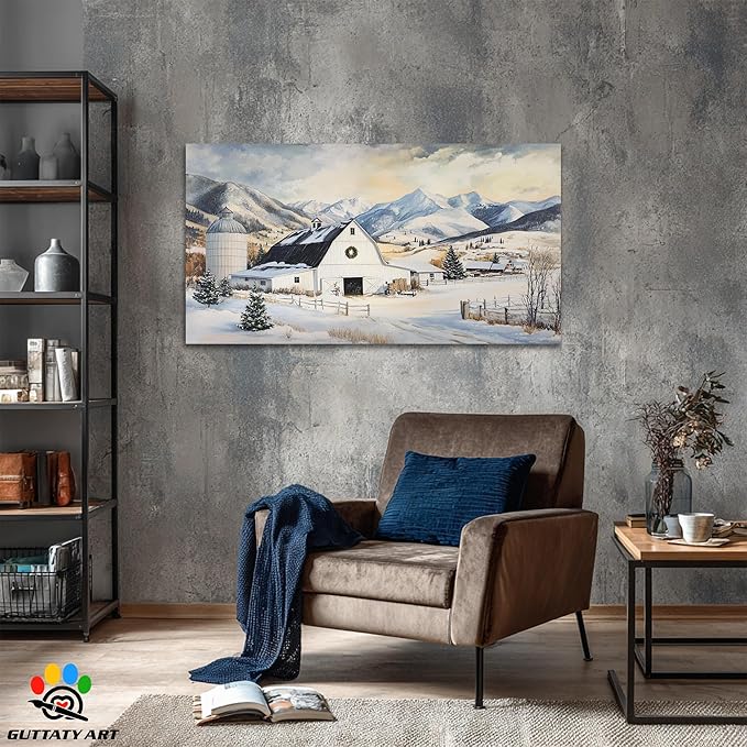 GUTTATY Christmas Winter Farm Canvas Wall Art, Snowy Mountain Scene Canvas Prints, Rustic Barn Painting Pictures for Living Room, Holiday Wall Decor, Country Landscape Poster Artwork, 32x16 Inch