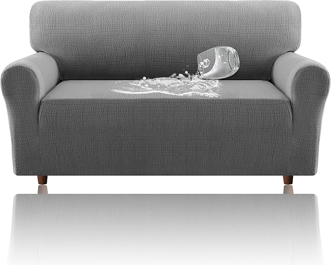 H.VERSAILTEX Jacquard Sofa Slipcover with Waterproof Seat Furniture Protector 1 Piece Stretch Sofa Covers with Elastic Bottom for Kids, Pets, Dog(Loveseat, Grey)