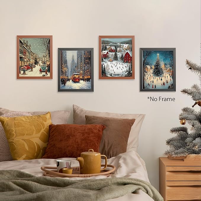 AEHIE Vintage Christmas Ice Skating Winter Village Wall Art Poster Prints for Home Living Room, Xmas Winter Snow Scene Street Poster Prints, Vintage Christmas Holidaye Wall Art Unframed 4pcs 8x10inch