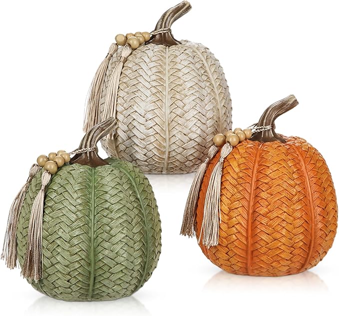 Hollyone Pumpkins Fall Decoration, 3 Pack Woven Resin Pumpkins Decorative Autumn Fake Pumpkin for Home Thanksgiving Harvest Halloween Wedding Table Centerpiece Shelf Indoor Outdoor Porch Decor